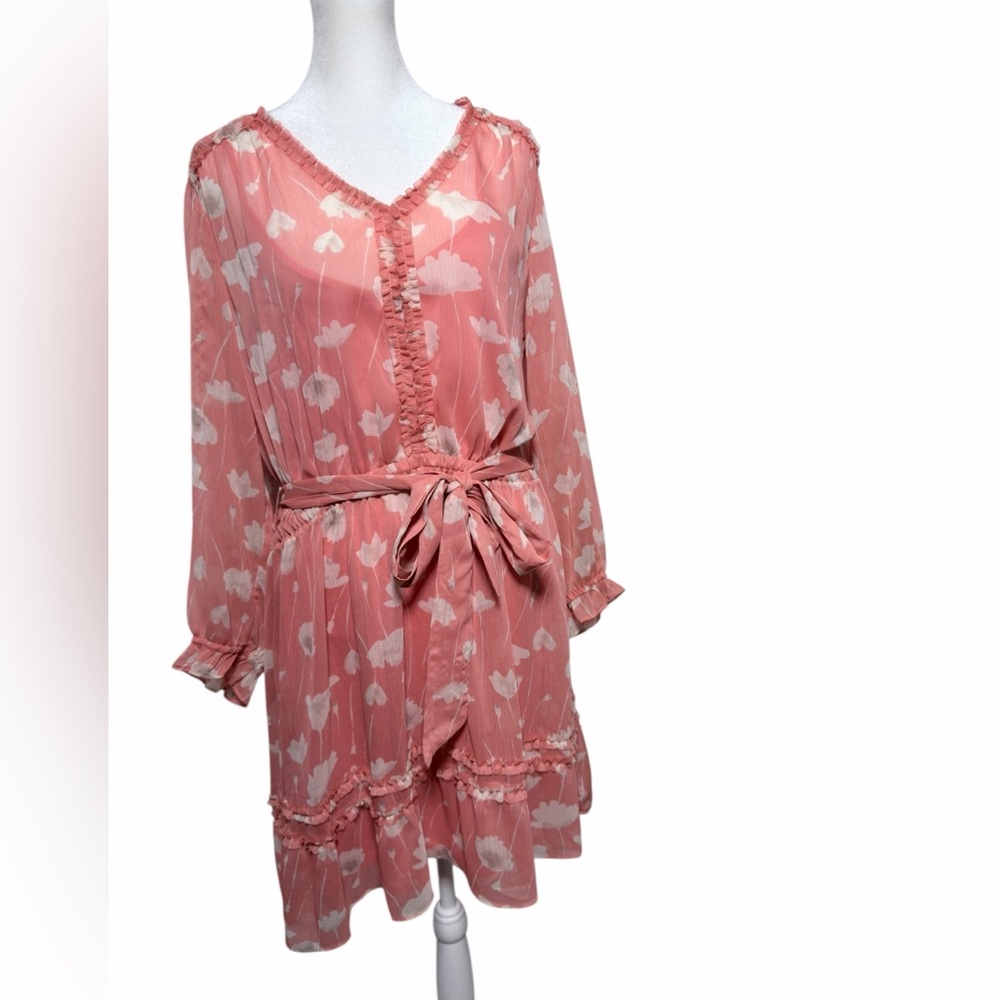 Pink Floral Tie-Waist V-Neck Midi Dress